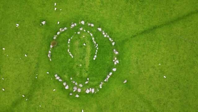 Drone shot of Ballynoe stone circle, believed to be 3500 years old, County Down, Northern Ireland
