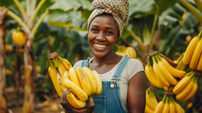 Smiling African woman holding bananas in her hands. Harvest and gathering fruits concept.
