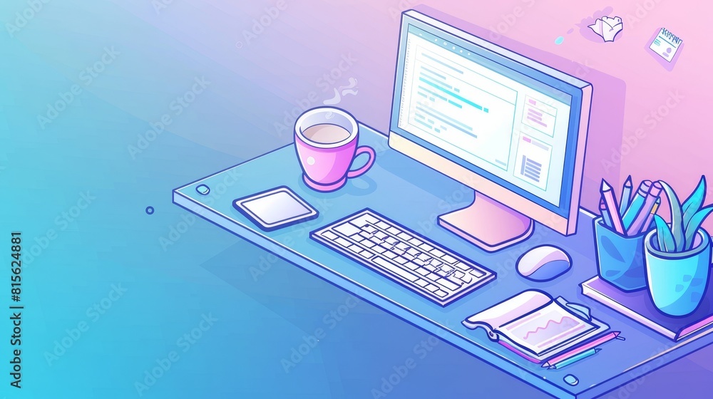 Poster an isometric landing page for a freelancer's office from home, a table with a monitor with coding da
