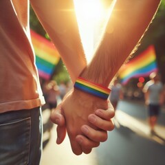 Two men's palms in a handshake. One hand is wearing a rainbow bracelet. 