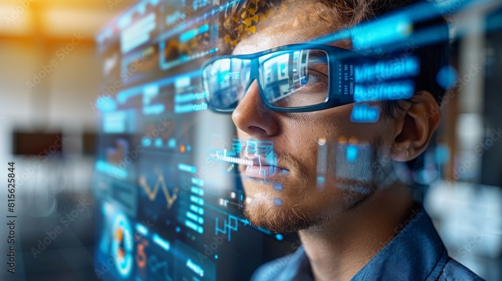 Poster virtual business analysis illustrate a businessman engaged with a digital interface, with data and g