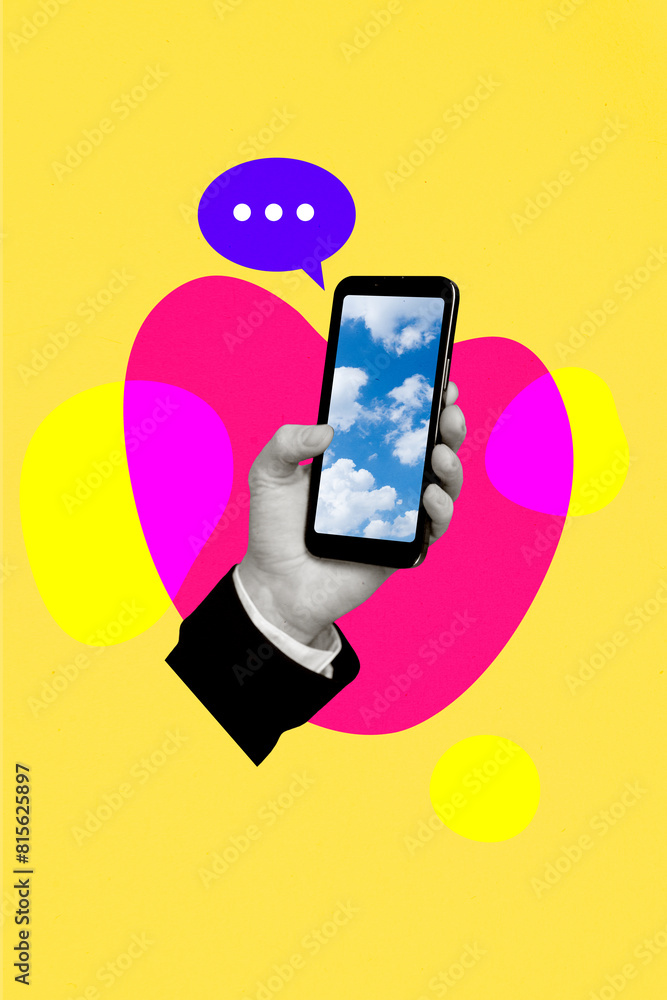 Poster composite trend artwork sketch photo collage of hand hold smartphone display sky cloud type write sm