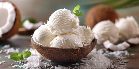 Tasty coconut ice cream on light background illustration