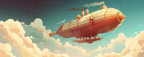A steampunk-inspired airship soaring through the clouds, propelled by steam engines and adorned with brass fittings.   illustration.