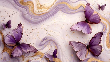 pastel shiny marble pattern, white and gold slightly purple pink background, plenty of space for text, a few small amethyst colored butterflies sitting around