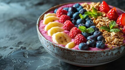 Wide angle smoothie bowl with colorful fruits and granola Perfect for promoting healthy breakfasts and snacks.