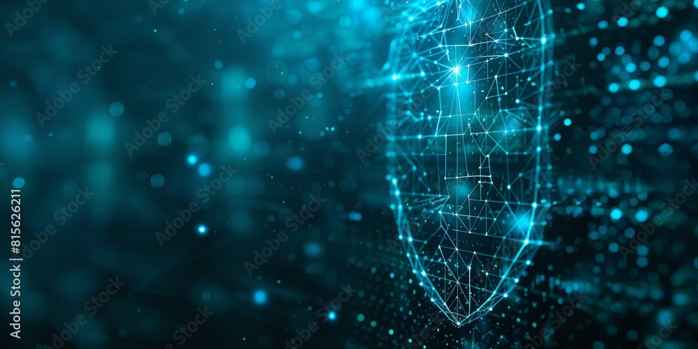 Poster wireframe of cybersecurity shield: data protection and privacy. concept cybersecurity, data protecti