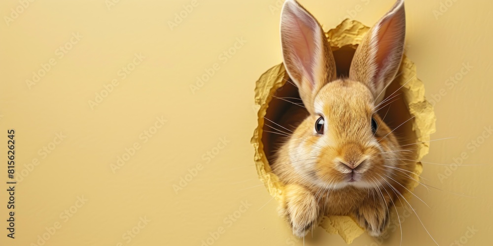 Wall mural Easter bunny peeking out of a hole on cream color background. illustration - Wall murals
