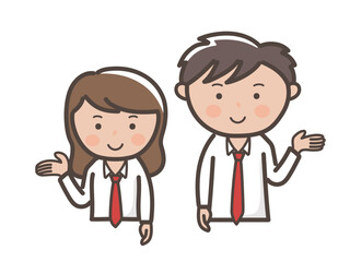 説明や案内をする制服姿のかわいい男女高校生カップルの上半身イラスト