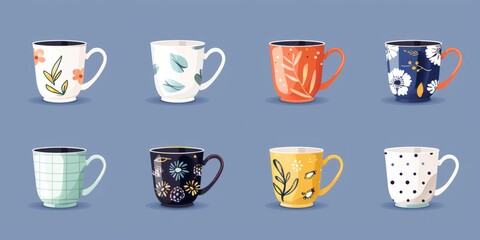 Collection of different modern cups . Set of colored mugs filling decorated with design elements flat Cute trendy crockery with handle for drink illustration
