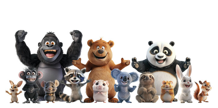 Group of 3D cute happy cartoon Wild Animals, panda bear, monkey, koala bear, squirrel, rabbit, raccoon, isolated on white background, png
