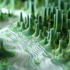 Abstract 3D rendering of a green and white surface with a pattern of small hills and valleys.