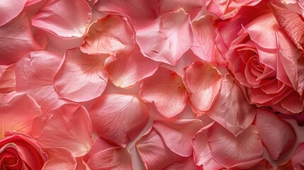 Fototapeta premium Delicate pink rose petals and charming pink hearts cascade onto an abstract floral backdrop enhancing the stunning design of a rose petal greeting card