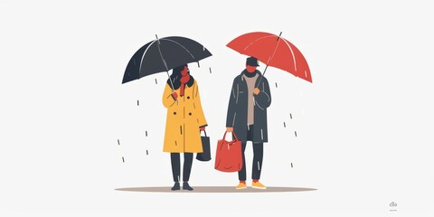 Happy couple hiding under umbrella from rain. Man in coat holding parasol, woman with bag standing under brolly. People walking in rainy weather. Flat isolated on white background illustration
