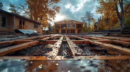 Installation of joists and beams for the new house Exhibiting foundation work