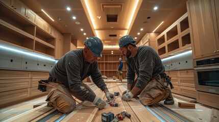 The team installed the wooden floor in the kitchen. Showcase complete kitchen equipment