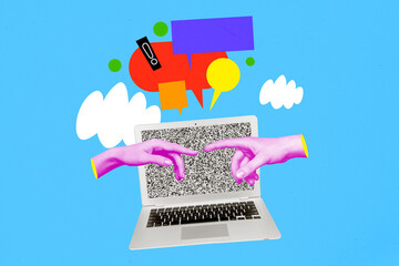 3D photo collage trend artwork sketch of vibrant office workspace speech bubble cloud message laptop display hand reach out touch finger