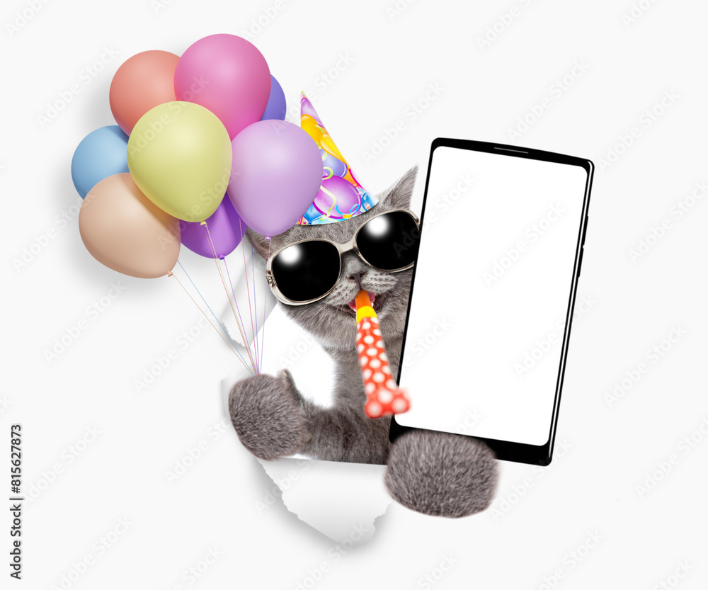 Poster happy kitten wearing party cap holds bunch of balloons, blows in party horn and shows smartphone wit