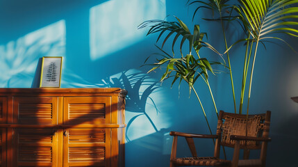 Stylish apartment interior with blue wall decorated in vintage style with wooden cupboardchair mockup poster and tropical potted plant : Generative AI