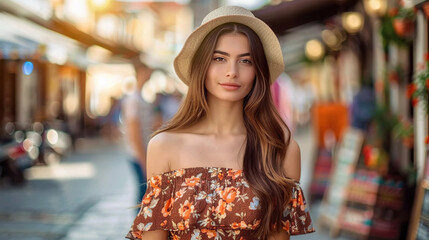 Beautiful attractive Mexican young woman walking in a Mexican city. Generative AI