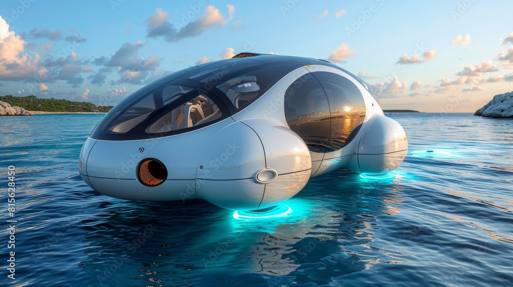 Poster render a scene of a futuristic hovercraft gliding effortlessly along a shimmering highway that stret