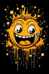 Vibrant and Energetic Emoji Character T Shirt with Splatter Elements on Black Background