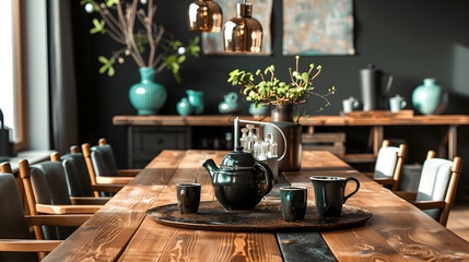 Modern composition of dining room interior with design wooden table stylish chairs decoration teapot cups vessel commode black mock up poster map and elegant accessories in home decor  : Generative AI