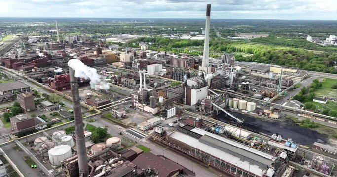 Krefeld Uerdingen chempark, chemical park, production of polycarbonates and polyamides in Germany. Aerial drone view.
