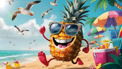 a pineapple with a happy face is running on the beach, with a summer vibes