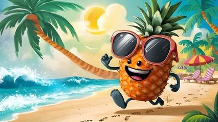 a pineapple with a happy face is running on the beach, with a summer vibes