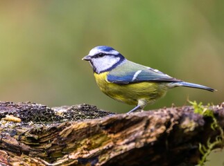 Blue tit perched atop a tree branch, adorned with a lush coating of emerald moss.