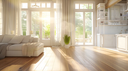 Fototapeta premium Beautiful living room interior with hardwood floors and view of kitchen in new luxury home : Generative AI