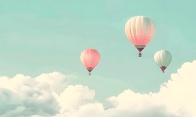 air balloons in pastel colors floating in a cloudy sky, Generative AI
