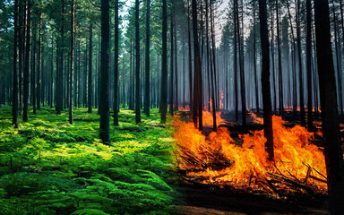 pine forest before and after the fire. ecology, environment, environmental protection