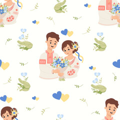 Seamless pattern with Ukrainian people. Cute enamored couple man and woman in traditional embroidered clothes vyshyvanka on white background with flowers and yellow-blue hearts. Vector illustration