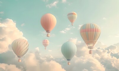 Naklejka premium air balloons in pastel colors floating in a cloudy sky, Generative AI