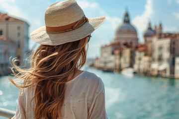 Happy traveler woman joy relaxing on summer vacation at Venice, Leisure outdoor lifestyle tourist travel, Tourism beautiful destination place Europe holiday trips
