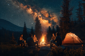 Night camping in mountains under starry sky. Tourist tents in campsite near burning campfire under beautiful sky full of stars with Milky way above forest. Concept of tourism and traveling