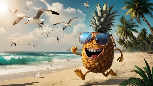 a pineapple with a happy face is running on the beach, with a summer vibes