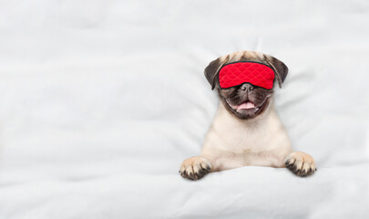 Cute Pug puppy wearing sleeping mask sleeps on a bed at home. Top down view. Empty space for text