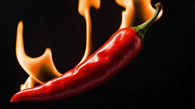 red hot chili pepper burns on fire on a black background, seasoning, heat, spice, ingredient, cooking, burn