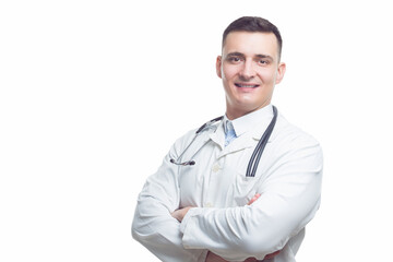 Man in Business. Image of Caucasian Professional Confident Male GP Doctor Posing in Doctor Smock And Endoscope with Hands Folded in Front