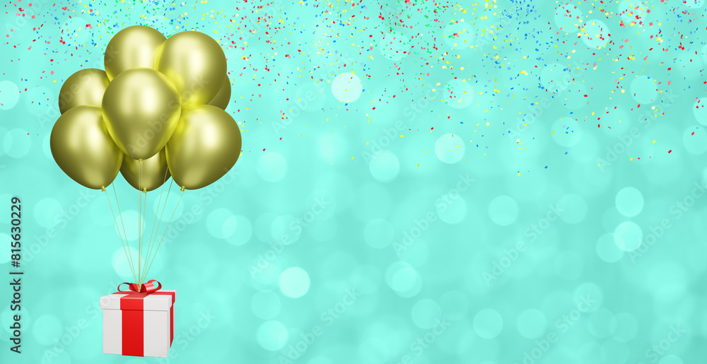 Poster flying gift box with yellow balloons on blurred green background with confetti. Empty space for text. 3d rendering