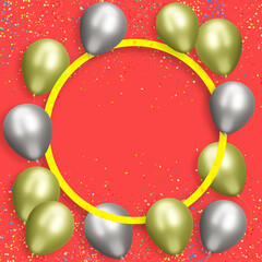 Yellow round frame with gold and silver balloons on red background with confetti. Empty space for text. 3d rendering
