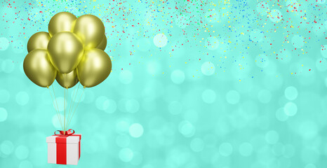 flying gift box with yellow balloons on blurred green background with confetti. Empty space for text. 3d rendering