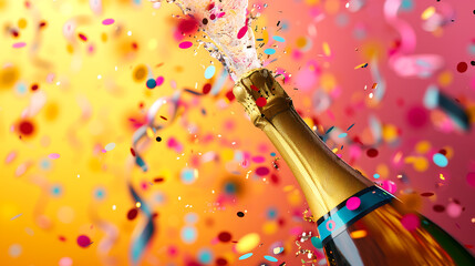 3D rendering of a champagne bottle popping with confetti and streamers, representing festive cheer and celebration