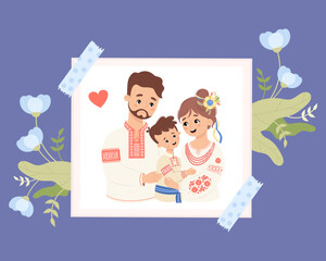 Happy Ukrainian family of three. Man dad his wife and son together in embrace in traditional embroidered clothing, signifying cultural heritage. Vector illustration. Portrait frame with flowers