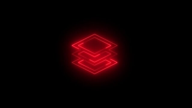 Neon glowing red color map layers icon on black background animation