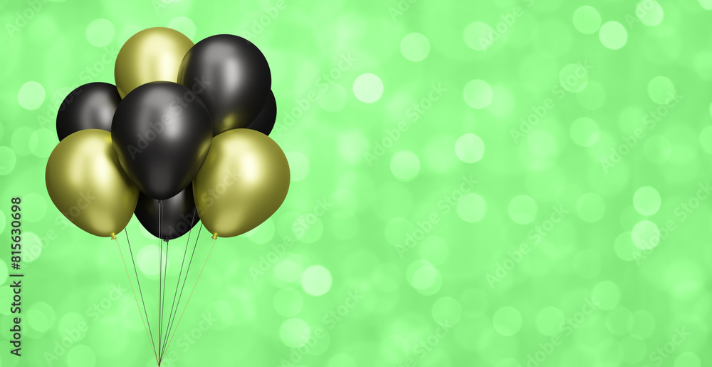 Aufkleber bunch of black and gold balloons on blurred green background. 3d rendering. empty space for text