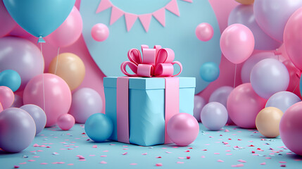 3D rendering of a wrapped gift box with a ribbon, placed among other party decorations like balloons and banners, symbolizing gift-giving and celebration